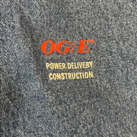 VTG Lee Denim & Beige Bomber Jacket with"OGE"& "POWER DELIVERY CONSTRUCTION" XXL - Picture 3 of 10